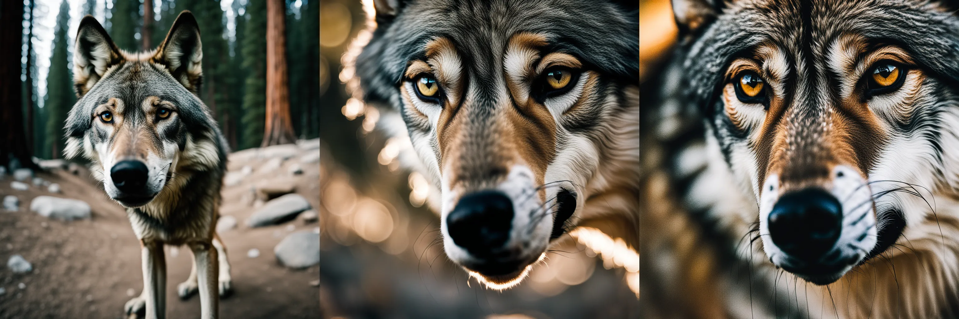 An extreme close-up of a wolf in Yosemite National Park, chilly nature documentary film photography