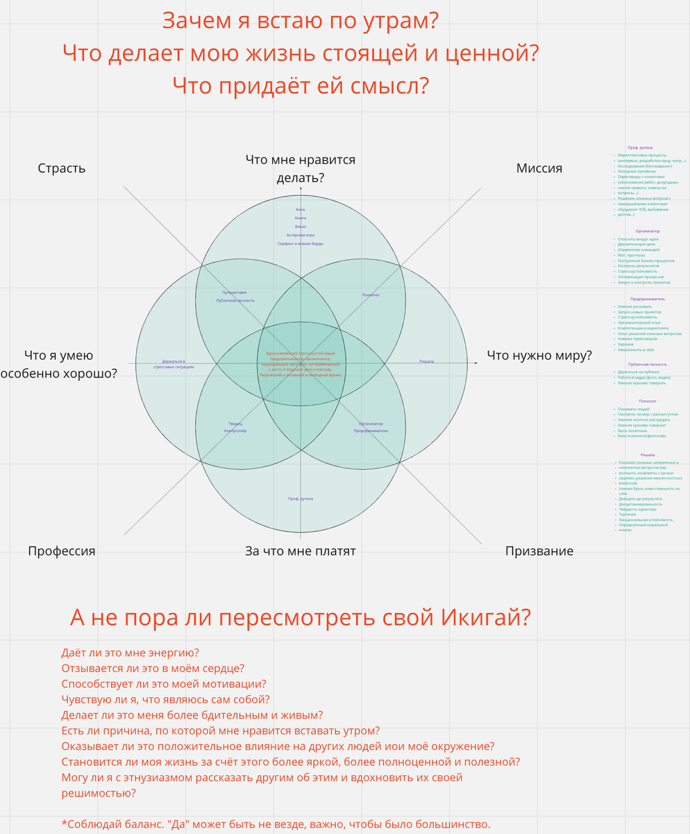 Вот так выглядит мой Икигай полностью, с теми вопросами, которыми я проверяю его периодически на актуальность.