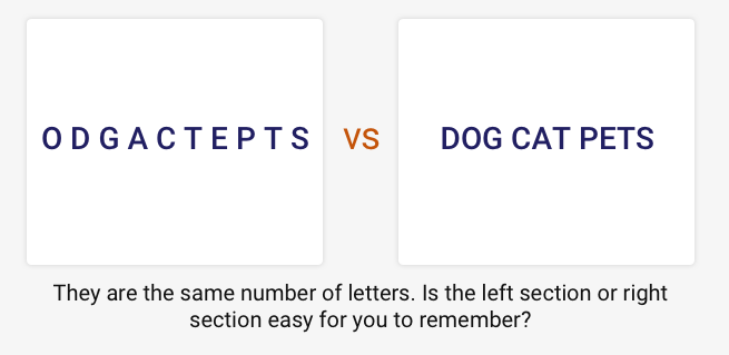 На этих рисунках одинаковое количество букв. Какой из них запомнить легче: левый или правый?