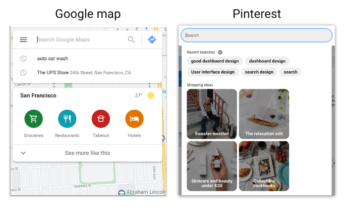 Примеры отображения предыдущих поисковых запросов в Google Картах и Pinterest.
