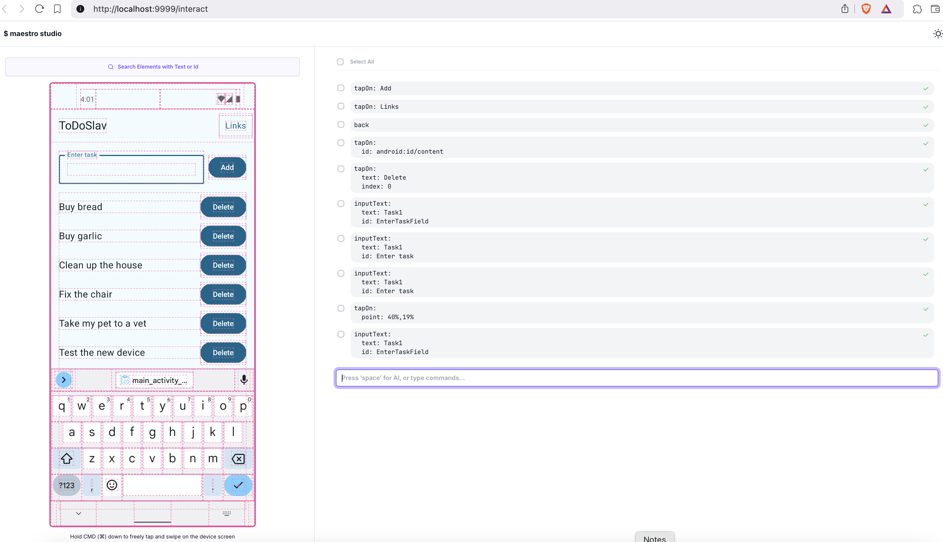 Maestro Studio - открывается локально в браузере при запуске команды "maestro studio" в терминале