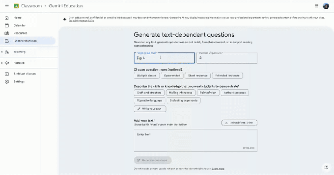 Функция Gemini в Google Classroom для создания вопросов